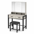 Toaletka z lustrem i taboretem, jasne drewno i czarny metal, 2 szuflady, 3 lustra