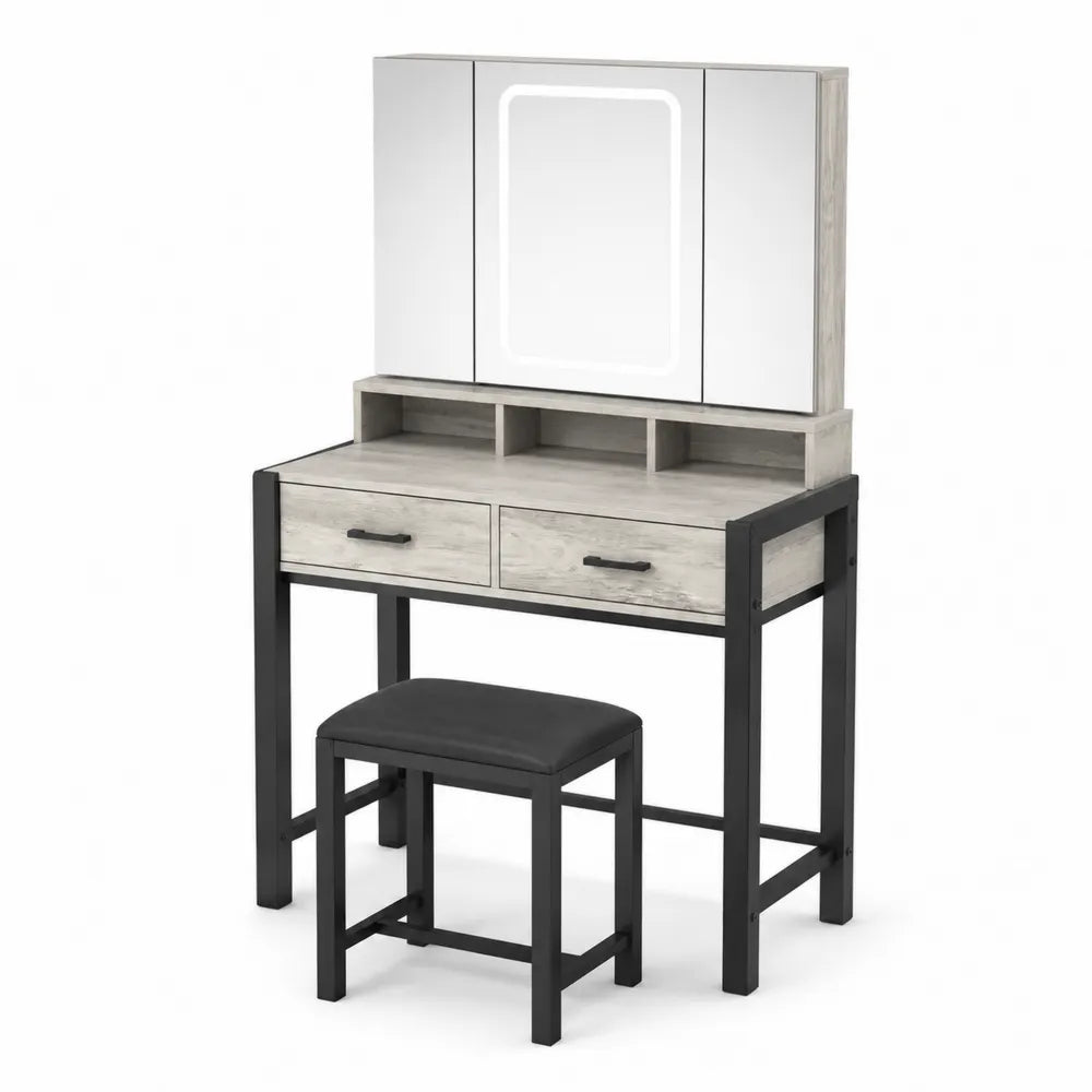 Toaletka z lustrem i taboretem, jasne drewno i czarny metal, 2 szuflady, 3 lustra