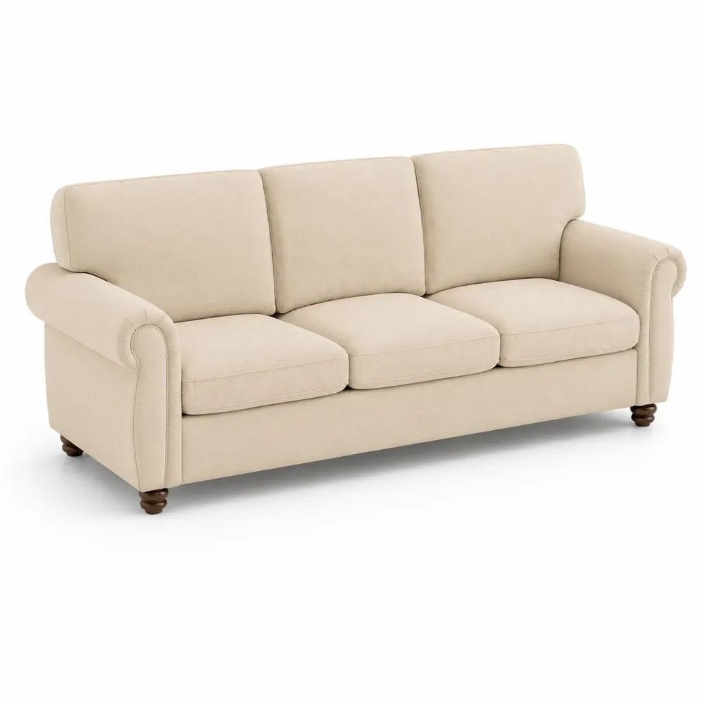 Beżowa sofa trzyosobowa z tkaniny lnianej