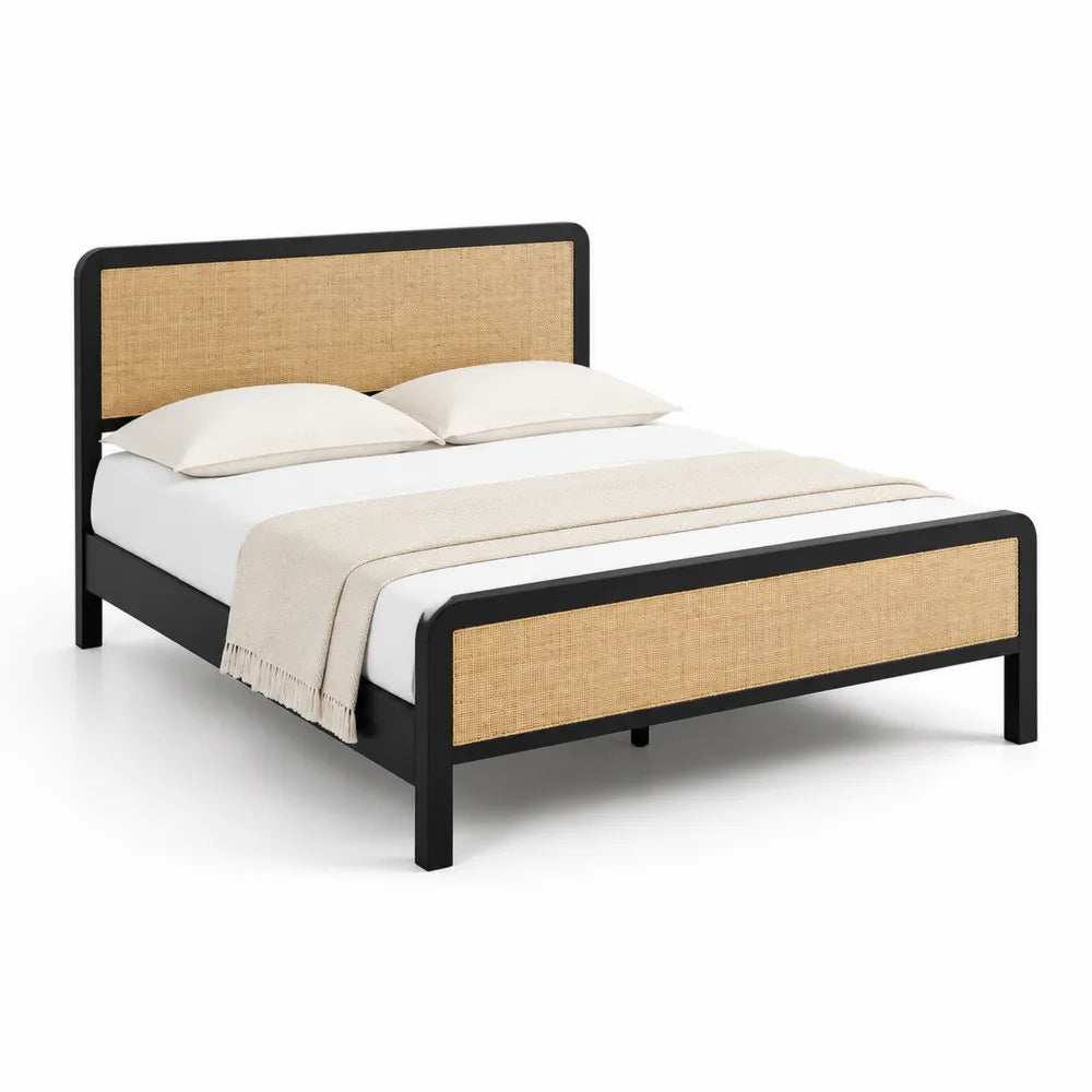 Łóżko dwuosobowe z rattanem i metalem 200x160 cm