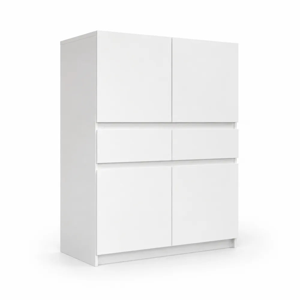 Biała komoda MDF z 4 drzwiami i 2 szufladami 80x35x110 cm
