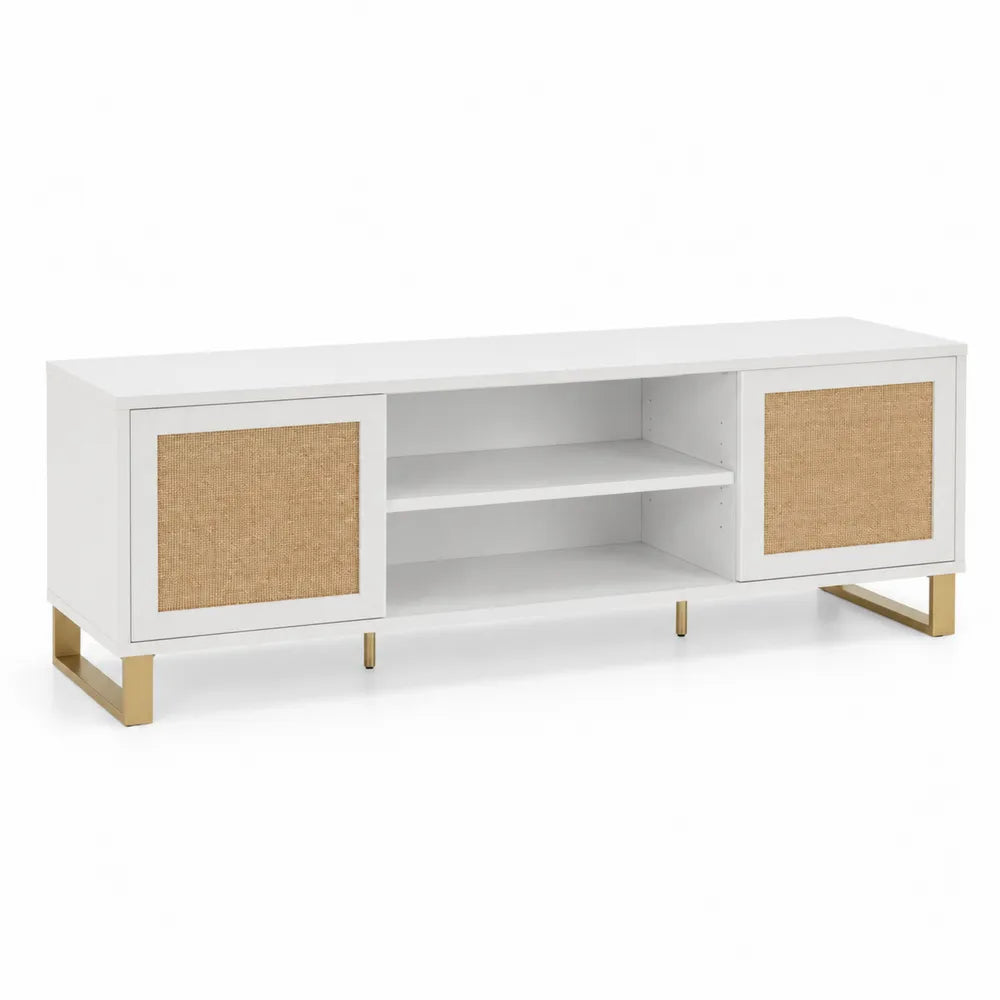 Biała szafka RTV z płyty MDF, rattanem i metalowymi nogami 160x40x50 cm