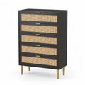 Komoda z MDF i rattanu, 5 szuflad, Czarny