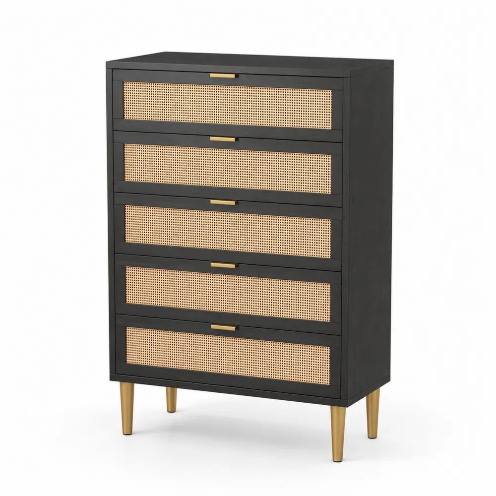 Komoda z MDF i rattanu, 5 szuflad, Czarny
