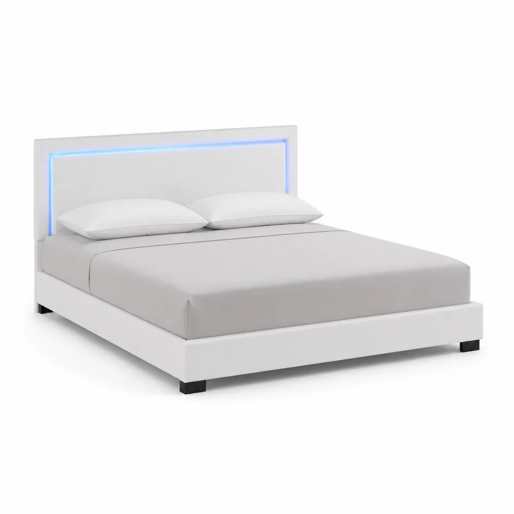 Łóżko podwójne LED skóra ekologiczna białe 200x160 cm