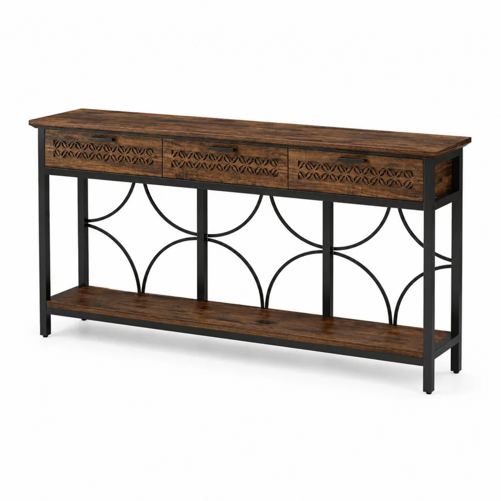 Konsola z drewna dębowego i metalu z trzema szufladami 120x35x85cm