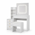 Toaletka z lustrem LED, biały marmur, taboret i półki
