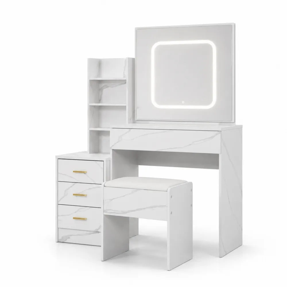 Toaletka z lustrem LED, biały marmur, taboret i półki